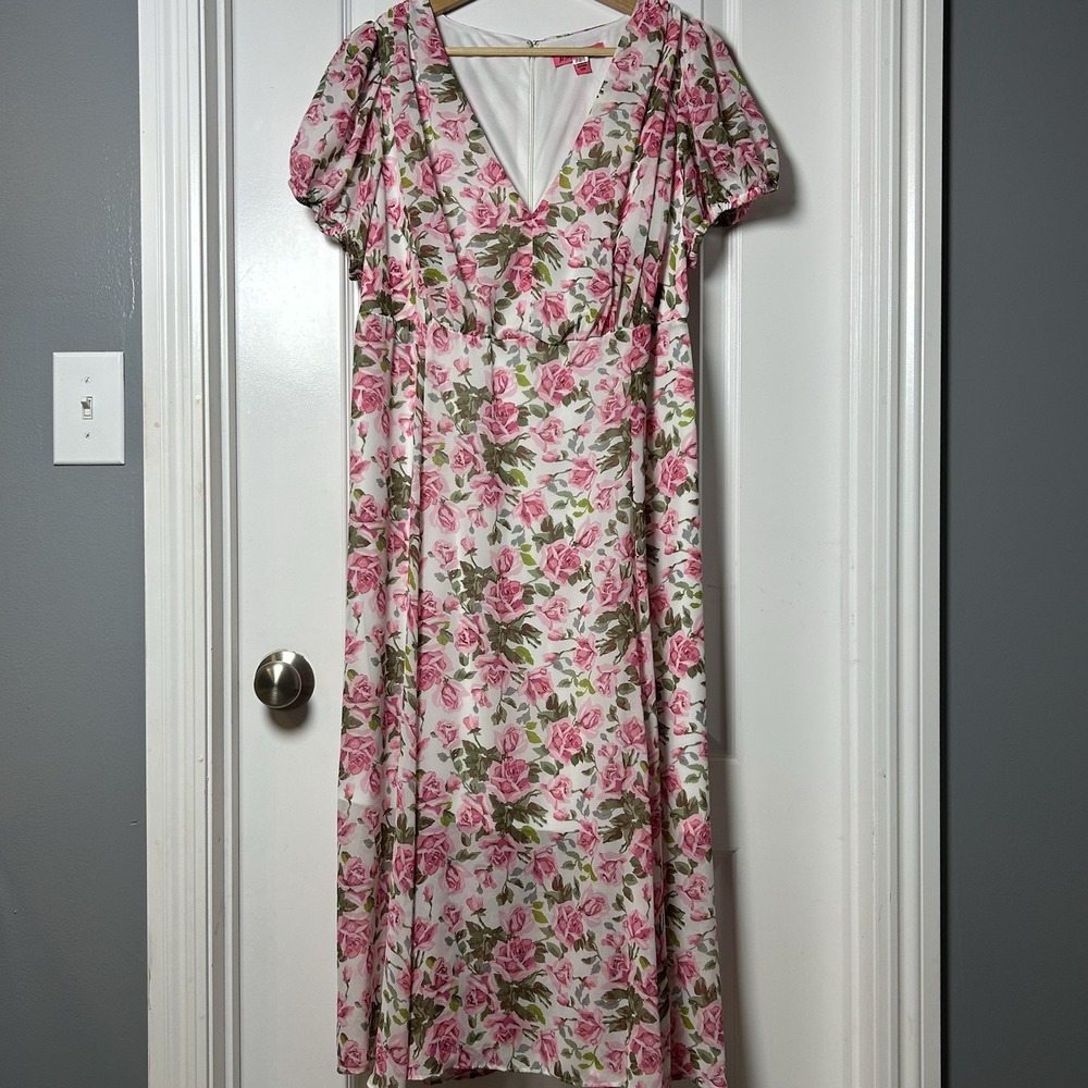 Betsey Johnson White Pink Rose Floral Puff Sleeve Midi Dress Garden Party Style